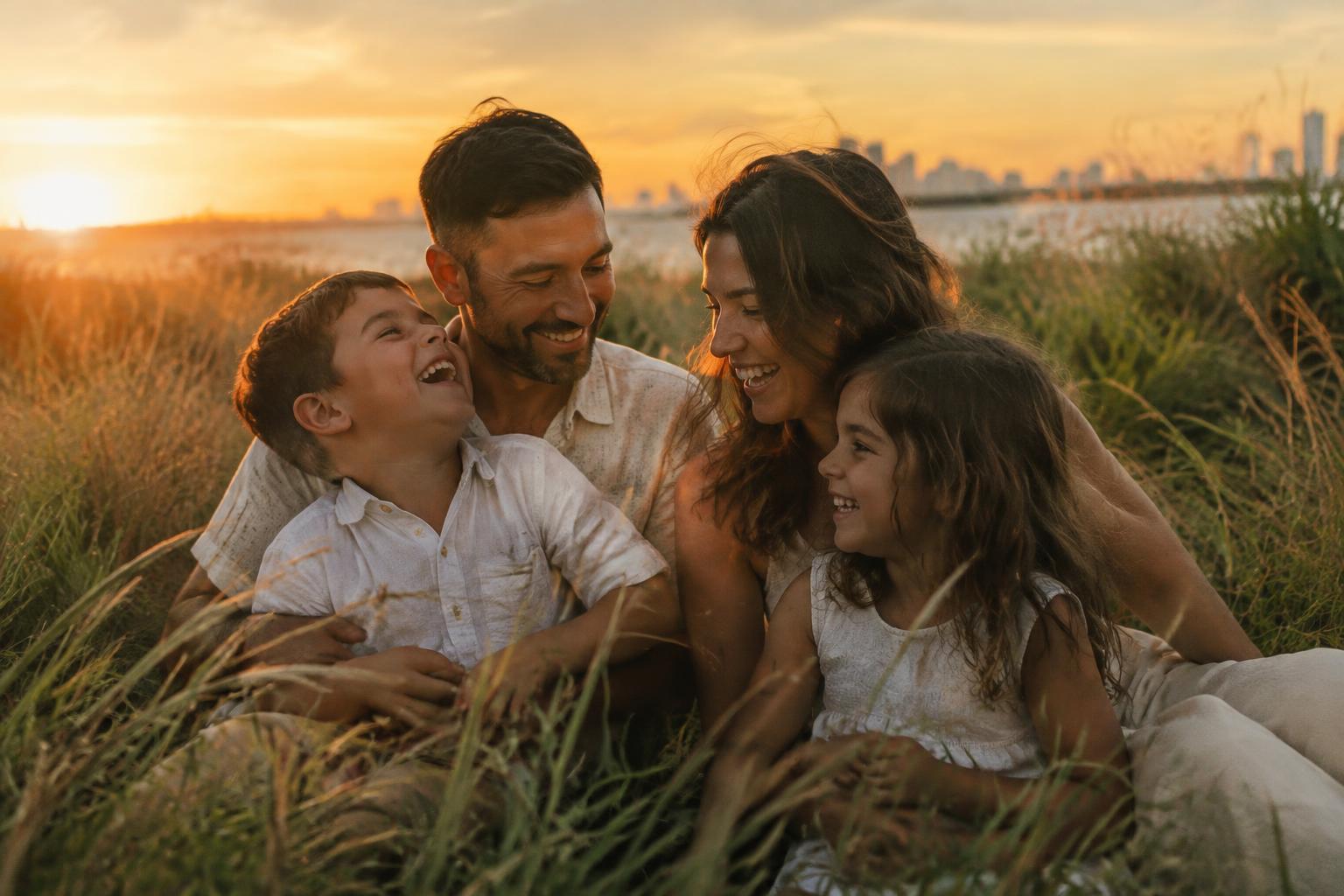 Family laughing at sunset